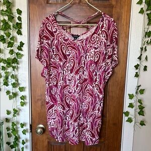 LUCKY BRAND Linen Blend Flowy Tunic Top in Fuschia Pink Paisley | 2X